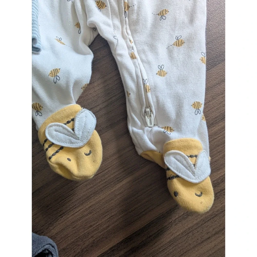 Carter's 3M 3pc Outfit Set Striped Shirt Pants Zip Footed Sleeper Bees - Picture 2 of 5